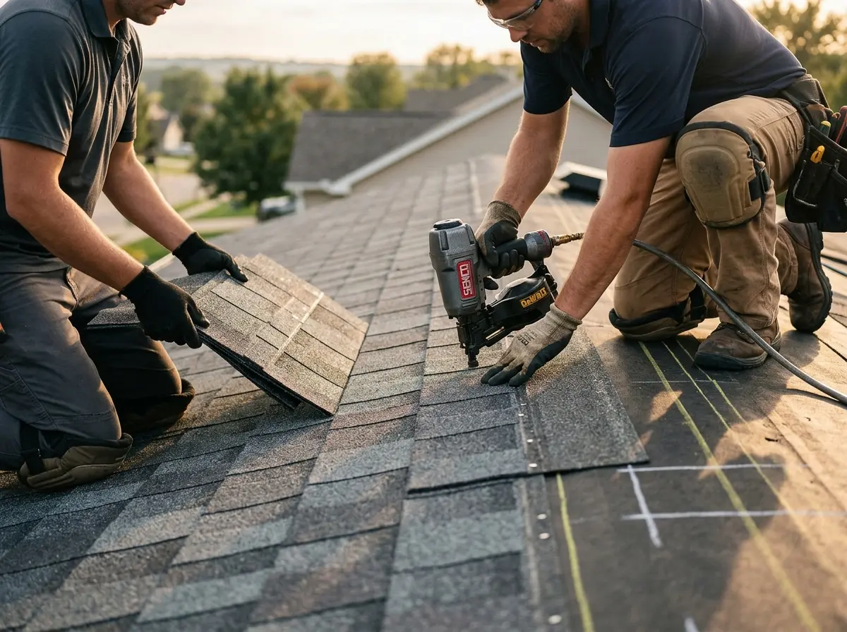 Professional roofer working on a residential roof in Beatrice